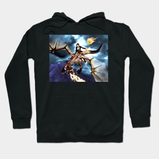 Witch warrior on dragon with flaming magic staff Hoodie